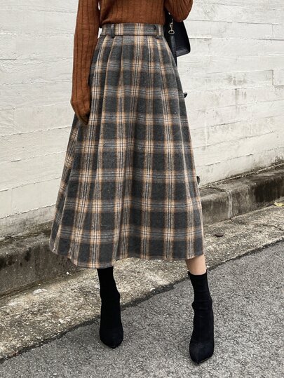 DAZY Plaid Print Pleated Detail Skirt Fall,Winter