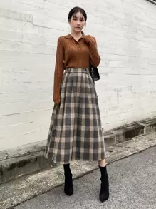 DAZY 格纹印花褶裥半身裙，秋冬款