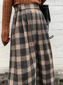 DAZY 格纹印花褶裥半身裙，秋冬款