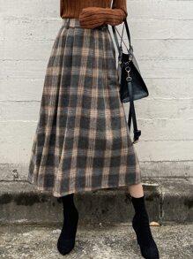 DAZY 格纹印花褶裥半身裙，秋冬款