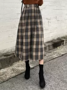 DAZY 格纹印花褶裥半身裙，秋冬款