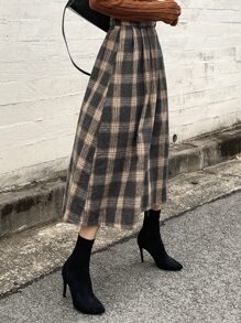 DAZY 格纹印花褶裥半身裙，秋冬款