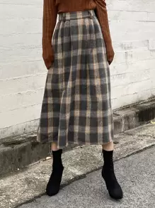 DAZY 格纹印花褶裥半身裙，秋冬款