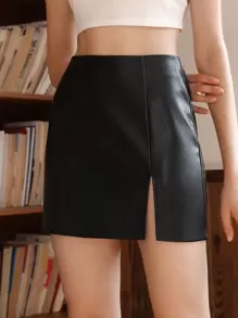 SHEIN MOD Solid Split Hem PU A Pendulum Black Skirt - Black - View 5