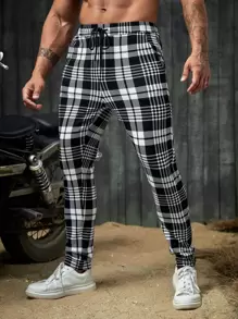 Manfinity VCAY Men Plaid Print Drawstring Waist Trousers - Black and White - View 1