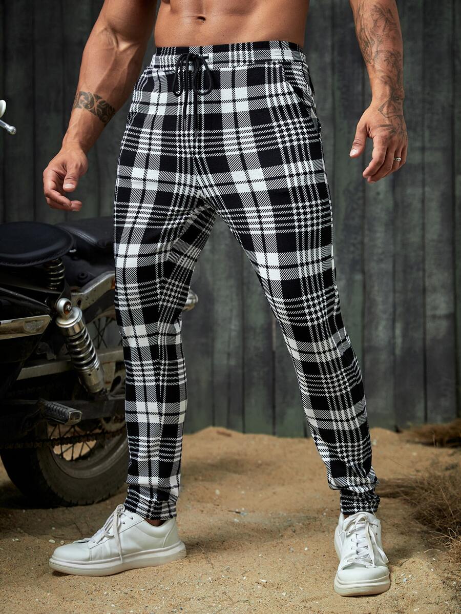 Manfinity VCAY Men Plaid Print Drawstring Waist Trousers - Black and White - View 1