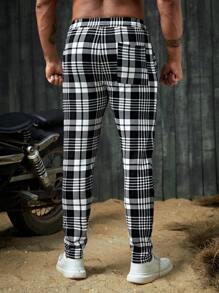 Manfinity VCAY Men Plaid Print Drawstring Waist Trousers - Black and White - View 2
