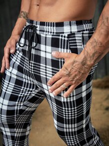 Manfinity VCAY Men Plaid Print Drawstring Waist Trousers - Black and White - View 3