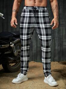 Manfinity VCAY Men Plaid Print Drawstring Waist Trousers - Black and White - View 5