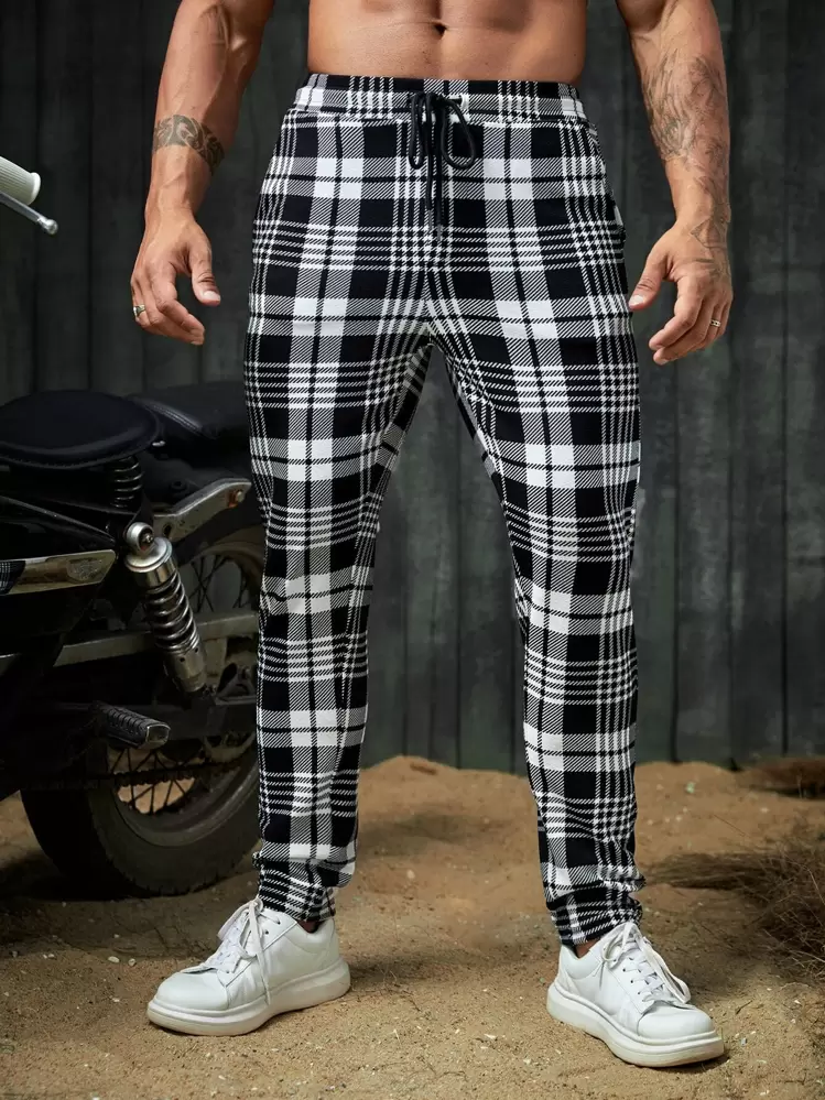 Manfinity VCAY Quần dài ống côn họa tiết kẻ caro cho nam, cạp rút dây, đi chơi - Đen và trắng - Xem 5