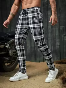 Manfinity VCAY Men Plaid Print Drawstring Waist Trousers - Black and White - View 6