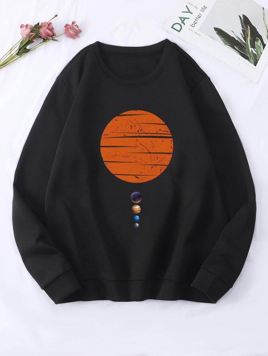 Cartoon Graphic Thermal Lined Pullover - Black - View 1