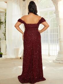 seomiscky 大碼一字肩魚尾裙下擺亮片正式連衣裙 - 酒紅色 - 查看 2