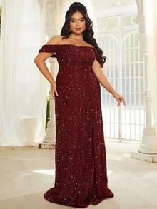 seomiscky 大碼一字肩魚尾裙下擺亮片正式連衣裙 - 酒紅色 - 查看 5