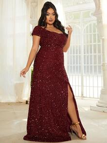 seomiscky 大碼一字肩魚尾裙下擺亮片正式連衣裙 - 酒紅色 - 查看 6