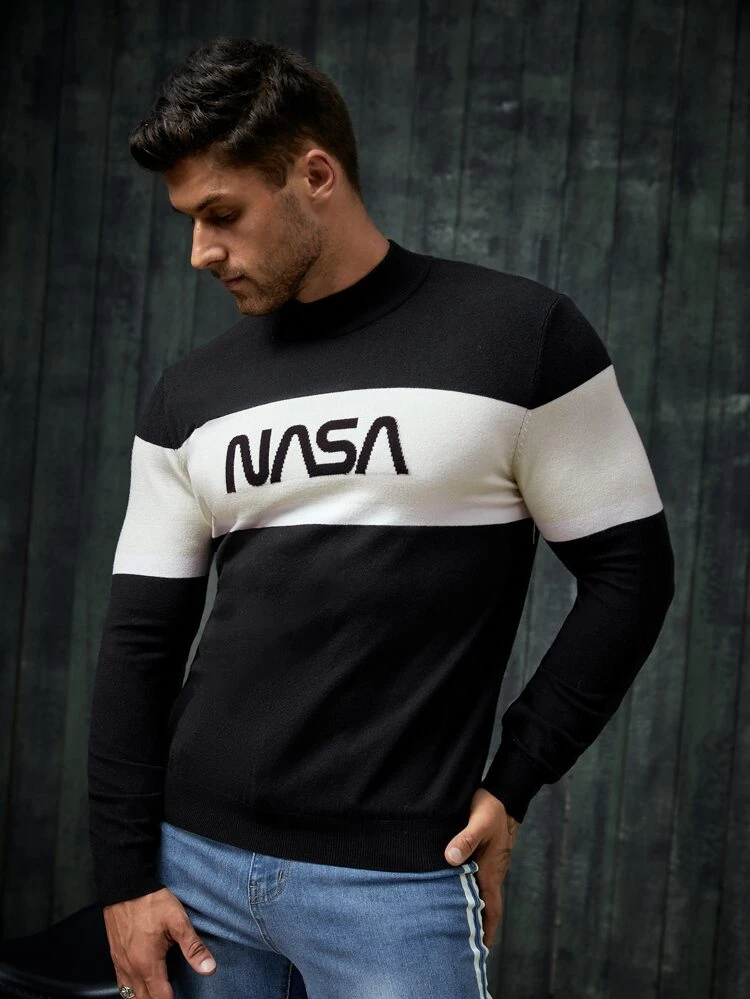 Men Letter Pattern Two Tone Sweater
