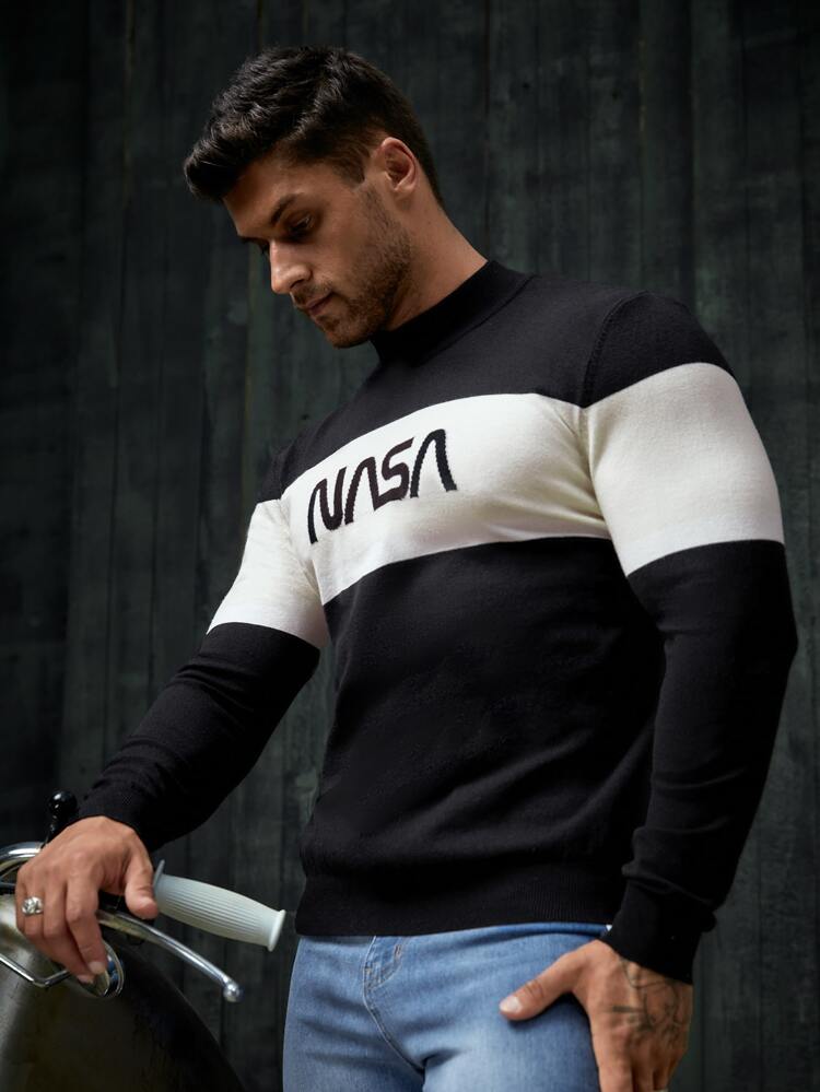 Men Letter Pattern Two Tone Sweater