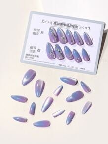 使用24入組長杏仁紫色閃光貓眼水鑽花卉裝飾假指甲和1入組指甲銼和1張膠帶立即升級您造型 - 紫色 - 查看 6