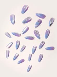 使用24入組長杏仁紫色閃光貓眼水鑽花卉裝飾假指甲和1入組指甲銼和1張膠帶立即升級您造型 - 紫色 - 查看 7