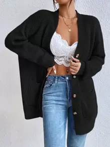 SHEIN LUNE Double Pocket Drop Shoulder Cardigan - Black - View 1