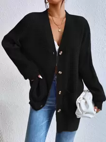 SHEIN LUNE Double Pocket Drop Shoulder Cardigan - Black - View 4