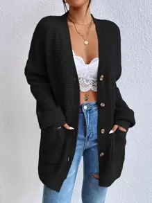 SHEIN LUNE Double Pocket Drop Shoulder Cardigan - Black - View 5