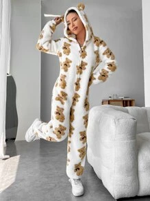 Muchica Bear Pattern 3D Ear Design Zipper Hooded Jumpsuit - White - View 3