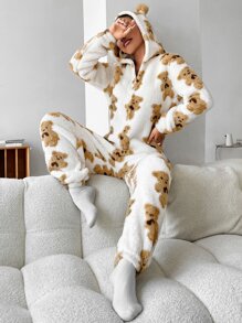 Muchica Bear Pattern 3D Ear Design Zipper Hooded Jumpsuit - White - View 4