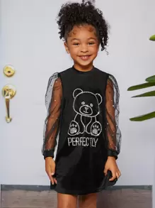 SHEIN Toddler Girls Rhinestone Cartoon Pattern Contrast Mesh Velvet Dress - Black - View 1