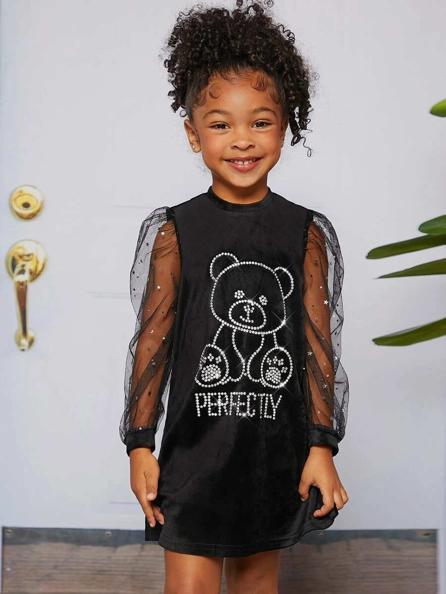 SHEIN Toddler Girls Rhinestone Cartoon Pattern Contrast Mesh Velvet Dress - Black - View 1