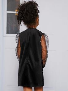 SHEIN Toddler Girls Rhinestone Cartoon Pattern Contrast Mesh Velvet Dress - Black - View 2