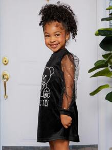SHEIN Toddler Girls Rhinestone Cartoon Pattern Contrast Mesh Velvet Dress - Black - View 5