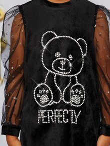 SHEIN Toddler Girls Rhinestone Cartoon Pattern Contrast Mesh Velvet Dress - Black - View 6