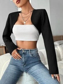 SHEIN ICON Solid Open Front Super Crop Jacket - Black - View 3