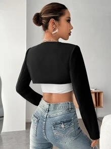 SHEIN ICON Solid Open Front Super Crop Jacket - Black - View 4