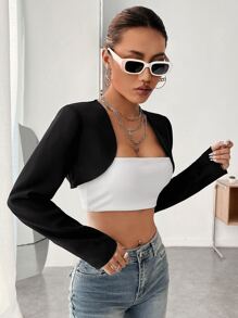 SHEIN ICON Solid Open Front Super Crop Jacket - Black - View 5