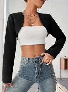 SHEIN ICON Solid Open Front Super Crop Jacket - Black - View 2