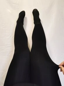 1雙大碼素色長毛絨內襯黑色褲襪適用於女士 - 黑色 - 查看 6