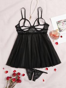 Mesh Contrast Lace Cut-Out Underwire Babydoll Sexy Lingerie Dress & Thong - Black - View 1