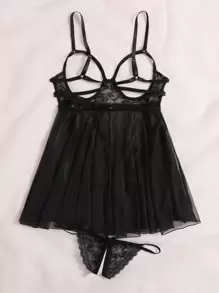 Mesh Contrast Lace Cut-Out Underwire Babydoll Sexy Lingerie Dress & Thong - Black - View 2