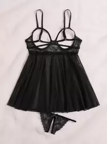 Mesh Contrast Lace Cut-Out Underwire Babydoll Sexy Lingerie Dress & Thong - Black - View 3