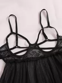 Mesh Contrast Lace Cut-Out Underwire Babydoll Sexy Lingerie Dress & Thong - Black - View 4