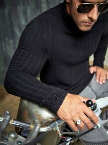 Manfinity VCAY Hombres Camiseta de cuello cisne tejido de canalé