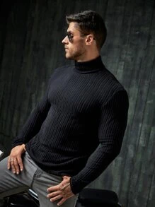 Manfinity VCAY Hombres Camiseta de cuello cisne tejido de canalé