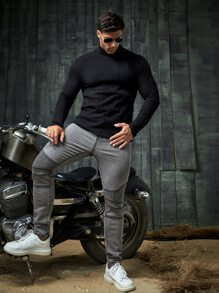 Manfinity VCAY Hombres Camiseta de cuello cisne tejido de canalé