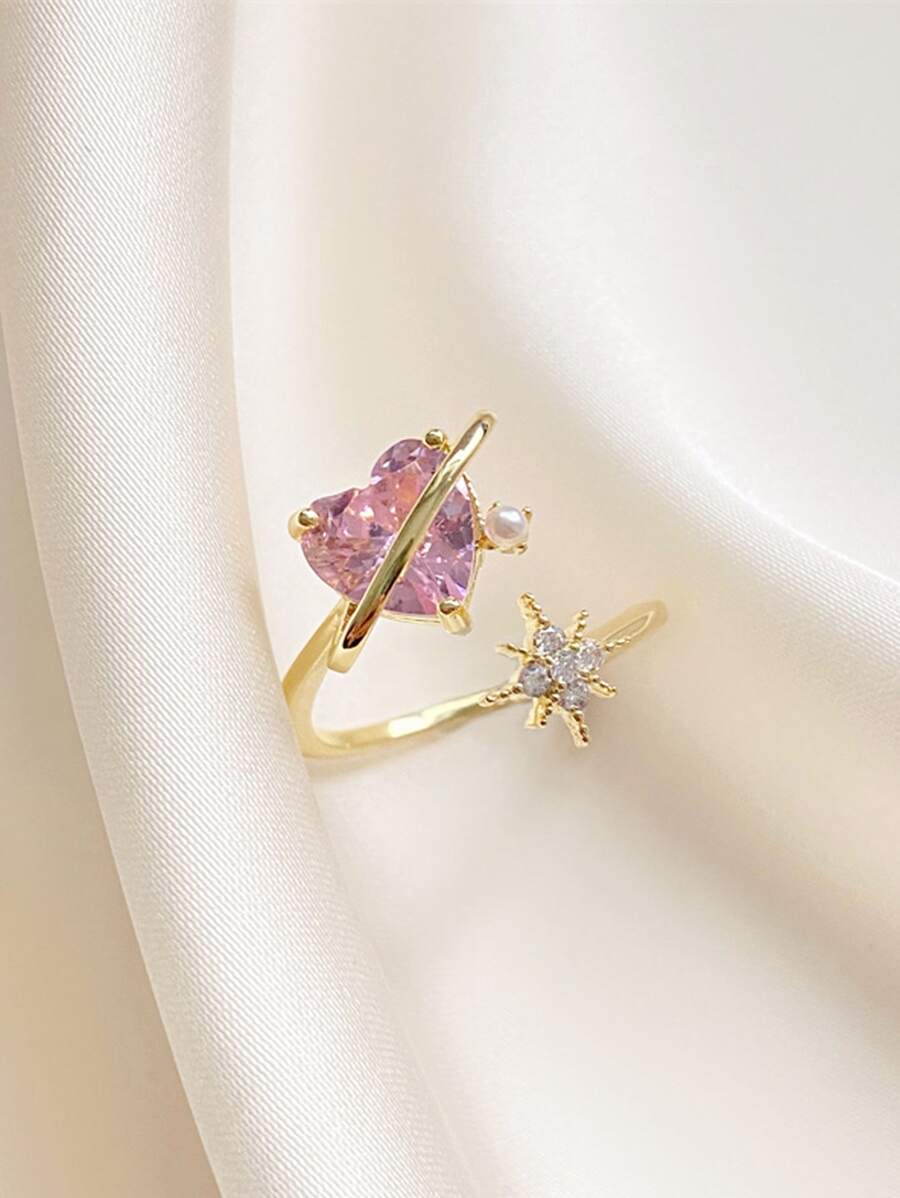 Rhinestone Heart & Star Decor Cuff Ring - Multicolor - View 1