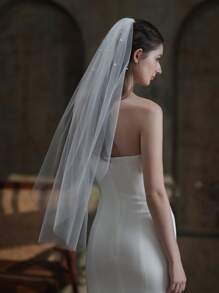 Faux Pearl Decor Bridal Veil - trắng - Xem 2