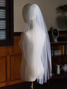 Faux Pearl Decor Bridal Veil - trắng - Xem 5