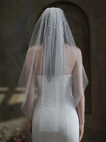 Faux Pearl Decor Bridal Veil - trắng - Xem 7