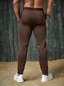 GENTILAND Men Patched Detail Drawstring Waist Joggers - Coffee Brown - View 4